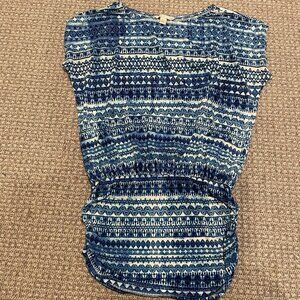 Boston Proper Dress Womens M Mini Blue White Ruched Artsy Abstract Cap Sleeve